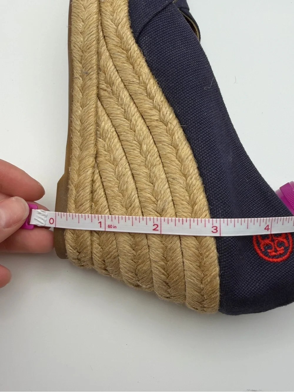 Tory Burch Navy Canvas Espadrille Wedge Peep Toe Heels Women’s 8 Coastal Preppy